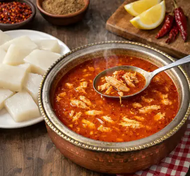 Acılı ve tavuklu Yozgat arabaşı çorbası sunumu